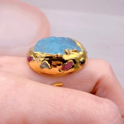 Anéis ajustáveis folheados a ouro bruto turmalina áspera azul natural água-marinha - Imagem 1 de 4