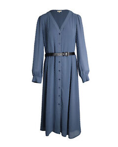 Michael Michael Kors Dotted Long Sleeve Belted Dress in Blue Polyester INTL
