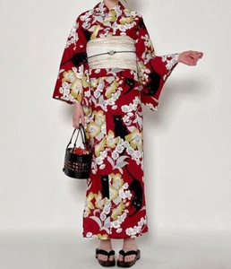 Japanischer Sommer Kimono Yukata Morgenmantel Katzenmuster Rot Yukata Obi Set Damen - Bild 1 von 10