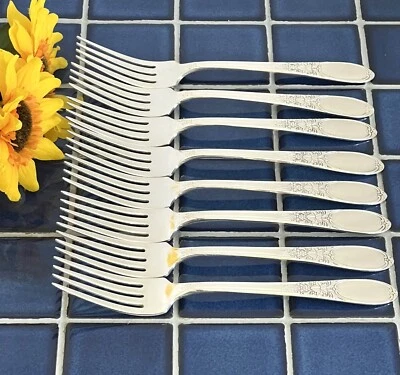 Набор из 8 посеребренных обеденных вилок Wm Rogers бордовое шампанское 7 5/8 дюйма 1934 - Изображение 1 из 4