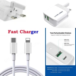 For iPhone 14 13 12 11 Wall Adapter 20W Fast UK 3 PIN Dual USB Main Charger Plug - Picture 1 of 10