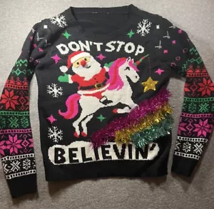 Children Size M/L (7-9) Christmas Swtr Don't Stop Believin' No Boundaries Black - Picture 1 of 7