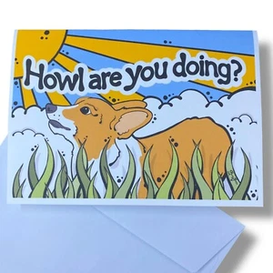 Red Pembroke Welsh Corgi Dog Howl are You Doing Greeting Card Handmade Gift 5x7" - Picture 1 of 6