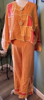Jaskar Vintage BOHO Naranja Patchwork Lino Manga Larga 2 Piezas Top Pantalones Conjunto Mediano Foto 1 de 4