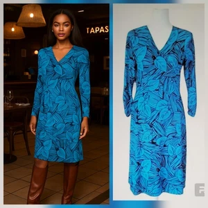 Vintage Laura Ashley leuchtend aquablau und braun Jersey Strick Bodycon Midikleid S/M - Bild 1 von 10