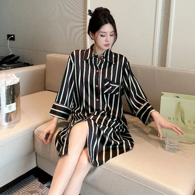 Womens Summer Shirt Dress Silk Satin Striped Nightgown Casual Button Nightshirt - Image 1 of 4