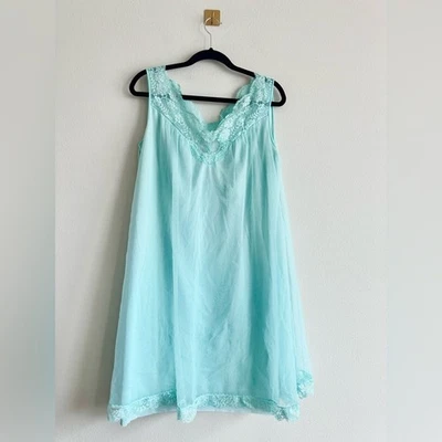 Винтажная ночная рубашка 60-х Vanity Fair Aqua Lace нейлон | прозрачное многослойное платье-слип L - Изображение 1 из 4