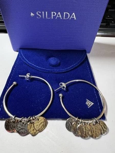 Silpada Hammered Sterling Silver 2-Tone Coin Style Charm Hoop Earrings 1 1/2" - Picture 1 of 4