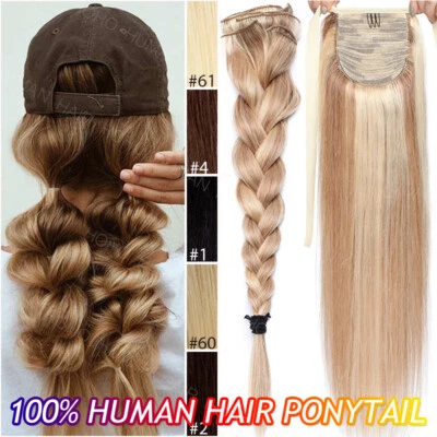22Inch Clip In REAL Remy Human Hair Ponytail Extensions Wrap Around Braids Women - Image 1 of 4
