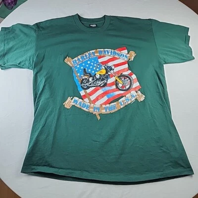 Camisa De Colección Harley Davidson Manga Corta Gráfica Verde Talla XL Puntada Única Años 90 Foto 1 de 4
