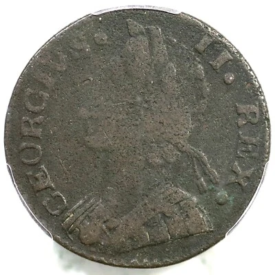 1747 V 1-47A R-5 PCGS F Details GEORGIVS II Machin's Mills Colonial Copper 1/2p - Image 1 of 3