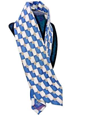 Cocktail Collections Tie Geometric Blue White Tan Silk Men's Necktie USA - Image 1 of 4