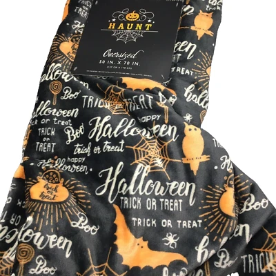 Halloween Haunt Throw Blanket Micro Fleece Bat Owl Spiderweb Trick or Treat Gray - Image 1 of 4