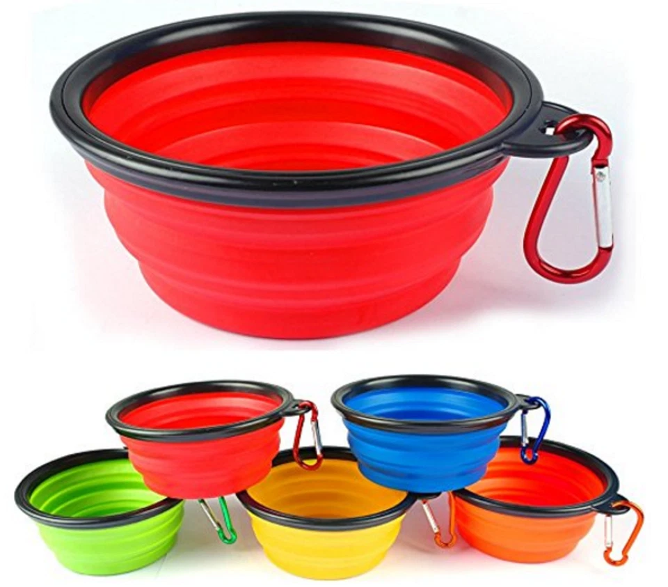 1 Collapsible Travel Dog Food Water Bowls BPA Lead Free Carbiner Red Blue Green - Image 1 of 4