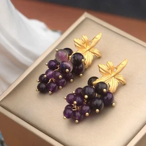 Clip on Art Nouveau Gold Leaf Earrings Purple Agate Grape EH6 - Picture 1 of 11