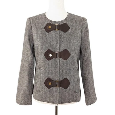 Chaqueta de lana Tory Burch espiga blazer con correa de cuero a presión talla 6 marrón tostado Foto 1 de 4