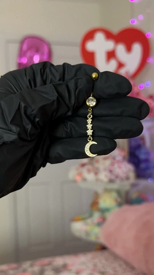 Never Worn 14 克手术钢肚脐扣肚脐戒指金月亮和星星 — 第 1/2 张图片