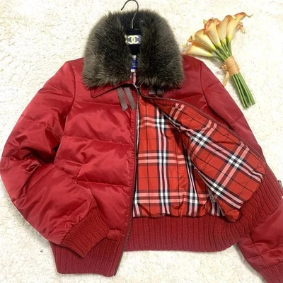 BURBERRY BLUE LABEL Nova Check Down Jacket Fur Trim Red Women's US Size S Auth - Image 1 of 4