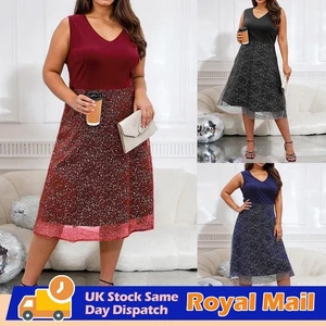 Plus Size Women V Neck Midi Dress Sheer Glitter Cocktail Evening Party Ball Gown - Picture 1 of 21