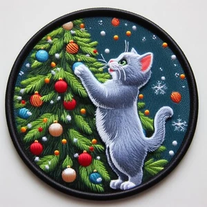 Russian Blue Cat in Christmas Tree Patch Printed Embroidered Iron-on Applique - Picture 1 of 11