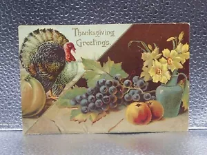 VTG Thanksgiving Greetings Turkey Fruit Flowers Vase Non-Topographical Postcard - Picture 1 of 2