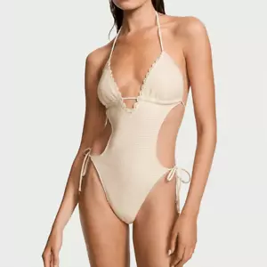 NWT Victorias Secret Crochet Monokini One-Piece Ivory Swimsuit Tie Sides Large - Picture 1 of 10
