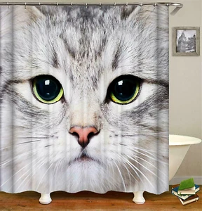 Lustige Katze mit großem Gesicht Badezimmer-Duschvorhang Stoff Polyester Badewannen-Vorhänge - Bild 1 von 6