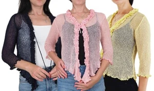 Ladies Frill Cardigan Tie Up Crochet Plain Stretch Fish Net Bolero - Picture 1 of 101