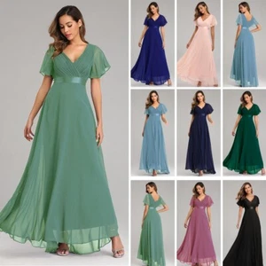 Plus Size Women's V-neck Flared Sleeve Elastic Chiffon Banquet Bridesmaid Dress - Picture 1 of 43