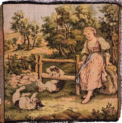 Tapiz francés perros jugando campo mujer iglesia 10"x 10" Foto 1 de 4