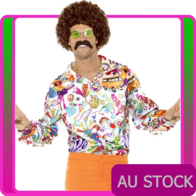 Para Hombres 60 Retro Groovy Camisa Multicolor Años 70 Hippie Hippy Disco Baile Disfraz Top Foto 1 de 3