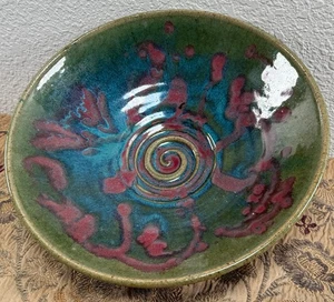 Large Vintage Studio Pottery Ceramic Glazed Splatter Swirl Bowl SGND Butterfly - Picture 1 of 11