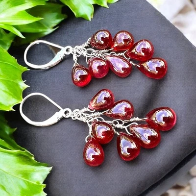 Natural Earth Mined Smooth Briolette Ruby Earrings in Solid 14K White Gold - Image 1 of 4
