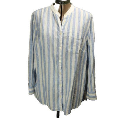 Camisa Chaps Mezcla Lino-Algodón Rayas Manga Larga Botón Azul y Blanco 1X Foto 1 de 4