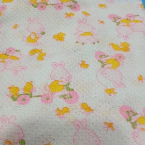 Vintage Bunny Light Knit Fabric Pink Yellow Green Baby 1 Yard x 62" - Picture 1 of 3
