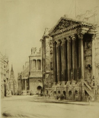 Lápis original Fred Farrell prova assinada; gravura 'Mansion House, London' década de 1920 - Imagem 1 de 4