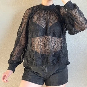 H&M transparente Spitzenbluse Gr. Small Puff Langarm Whimsigoth dunkel kokett Oberteil - Bild 1 von 14