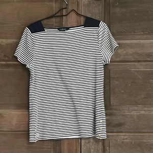 Ralph Lauren Womens Navy Blue Striped Shirt Gold Buttons Square Boat Neck XLarge - Picture 1 of 6