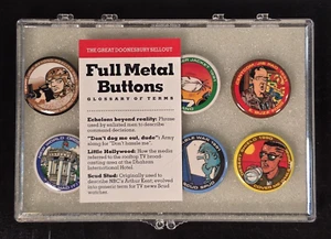 Great Doonesbury Sellout 8 Pin Button Set Desert Storm Full Metal Buttons W/Case - Picture 1 of 14