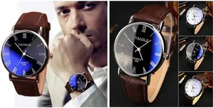 Men’s: 'Blue Ray' Designer Formal Contemporary Watch With Buffalo Leather Strap - Picture 1 of 9