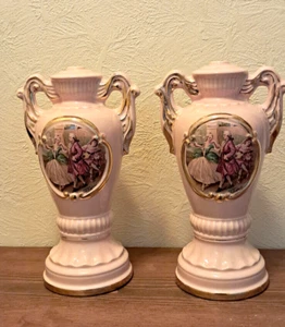Vtg M. Langbroek Fragonard George & Martha Pink Victorian Lamp Base Set of 2 - Picture 1 of 15