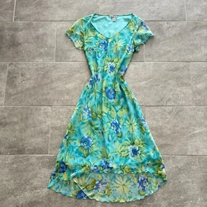 Robbie Bee 100% silk blue green floral fairycore VNeck Midi Dress Sz 12 Milkmaid - Picture 1 of 8