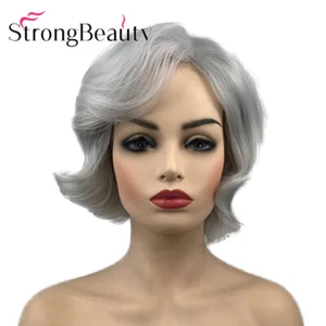 Women Short Silver Grey Curly Wavy Hair Synthetic Wig Cosplay Heat Resistant Wig - Picture 1 of 5
