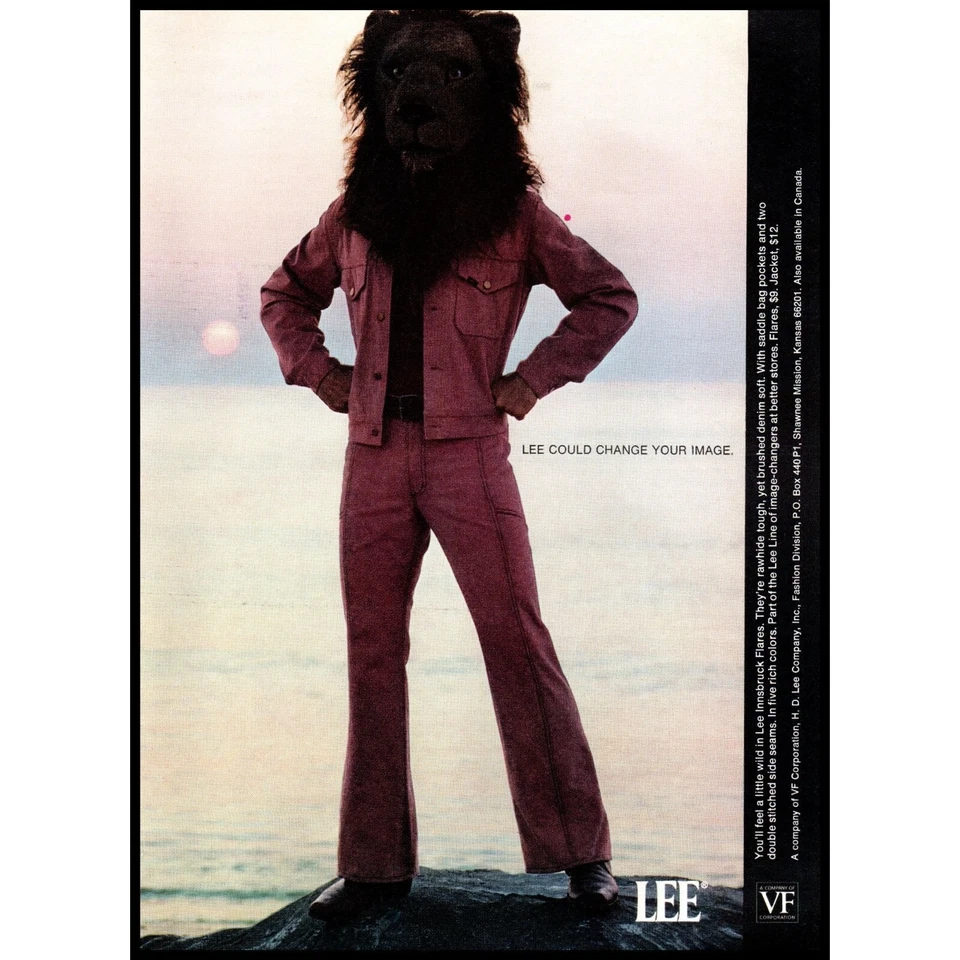 Lee Clothing 1971 anuncio impreso vintage cabeza de león púrpura denim años 70 moda arte de pared Foto 1 de 1