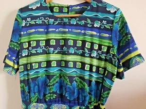 Vintage Sag Harbor Dress 12 Midi Short Sleeve Floral Blue Green - Picture 1 of 7