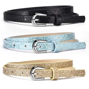 Girls PU Leather Thin Waist Belt Kids Metal Buckle Waistband Sparkling Simple - Picture 1 of 15