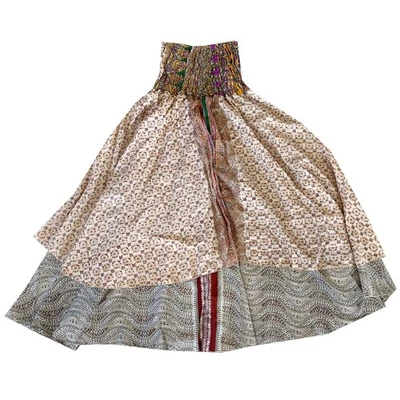 Boho Upcycled Silk Sari Wrap Skirt Dress 2-in-1 Floral Bohemian Resort 39" L - Image 1 of 3