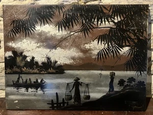Panneau en bois laqué noir, blanc et doré signé Vietnam Indochine Chine XXe - Picture 1 of 13