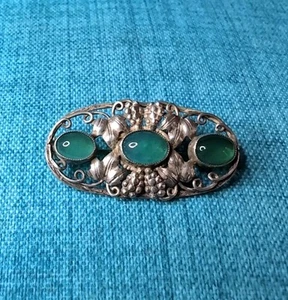 Antique Sterling Silver German Fine Carved Grape Vines Cabochon Emerald Brooch - Picture 1 of 6