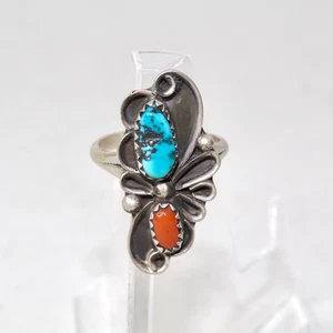 Vintage Native American Navajo Sterling Turquoise Coral Leaf Design Ring - Picture 1 of 6